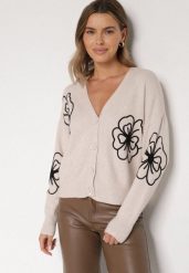 Beżowy Kardigan na Guziki w Haftowane Kwiaty Tustara. Brązowe kardigany damskie Born2be, l, bez wzorów, z jeansu, bez kołnierzyka. Za 79.99 zł.