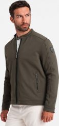 Ombre Kurtka męska BIKER ze strukturalnej tkaniny - ciemnooliwkowa V1 OM-JANP-0138 XL. Zielone kurtki męskie Ombre, m, bez wzorów, z tkaniny, bez kaptura. Za 99.99 zł.