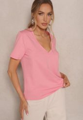 Różowy T-shirt z Bawełny z Dekoltem w Serek Nindriela. Czerwone t-shirty damskie Renee, m, bez wzorów, z bawełny, bez kołnierzyka, bez ramiączek. Za 39.99 zł.