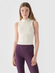 4F Top slim z prążkowanej dzianiny damski - biały S. Białe topy damskie 4F, s, bez wzorów, z bawełny, klasyczne, bez kołnierzyka, bez ramiączek. W wyprzedaży za 39.99 zł.