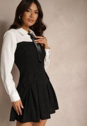 Czarna Rozkloszowana Sukienka Koszulowa Ozdobiona Brokatem i Krawatem Venithea. Czarne sukienki damskie Renee, na co dzień, l, z aplikacjami, eleganckie, bez kołnierzyka, bez ramiączek, mini, kopertowe. Za 149.99 zł.