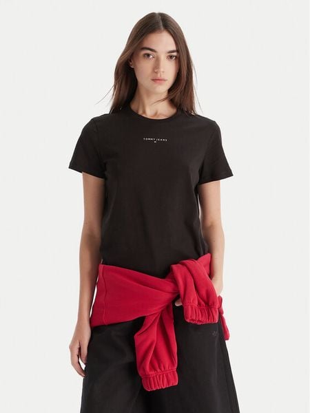 Tommy Jeans T-Shirt Linear DW0DW21964 Czarny Regular Fit. Czarne t-shirty damskie Tommy Jeans, l, bez wzorów, z bawełny, bez kołnierzyka, bez ramiączek. Za 79.99 zł.