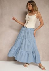 Niebieska Jeansowa Spódnica z Bawełny o Rozkloszowanym Kroju z Paskiem i Guziczkami Nattenira. Niebieskie spódnice damskie Renee, na co dzień, m, bez wzorów, z bawełny, eleganckie, maxi, koszulowe. Za 119.99 zł.