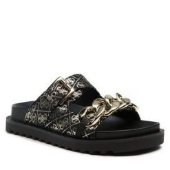 Klapki Guess. Czarne klapki damskie Guess, z aplikacjami, bez obcasa, bez zapięcia. Za 459.99 zł.
