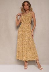 Żółta Rozkloszowana Sukienka z Bawełny na Ramiączkach Jenarissea. Żółte sukienki damskie Renee, na wesele, l, bez wzorów, z bawełny, eleganckie, bez kołnierzyka, bez ramiączek, maxi, kopertowe. Za 39.99 zł.