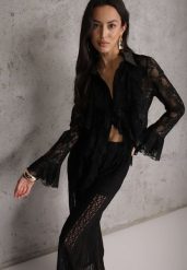 Czarna Wiskozowa Koronkowa Koszula z Bawełną i Falbanami Oraeno. Czarne koszule damskie Renee, m, bez wzorów, z bawełny, bez kołnierzyka, bez ramiączek. Za 119.99 zł.