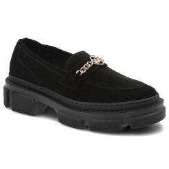Półbuty damskie Karino, zamszowa cholewkaozdobny łańcuch metalowy miękka wkładka, czarny welur, 4370-003-P. Czarne półbuty damskie Karino, bez wzorów, z weluru, bez obcasa, na płaskiej podeszwie, bez zapięcia. Za 339.00 zł.