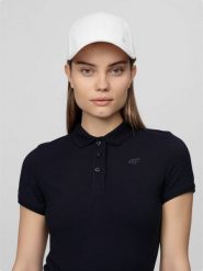 4F Koszulka polo damska - granatowa S. Niebieskie bluzki damskie 4F, s, bez wzorów, z bawełny, klasyczne, bez kołnierzyka, bez ramiączek. W wyprzedaży za 29.99 zł.