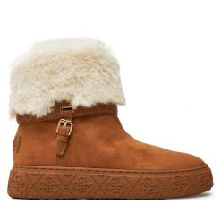 Botki Guess. Brązowe botki damskie Guess, z aplikacjami, bez obcasa, na płaskiej podeszwie, bez zapięcia. Za 709.99 zł.