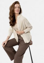 Lniana koszula K-VEHI. Brązowe koszule damskie Volcano, xxl, bez wzorów, ze lnu, bez kołnierzyka, bez ramiączek. Za 119.99 zł.