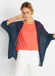 Długi kardigan w ażurowy wzór. Niebieskie kardigany damskie bonprix, w ażurowe wzory, bez kołnierzyka. Za 82.99 zł.