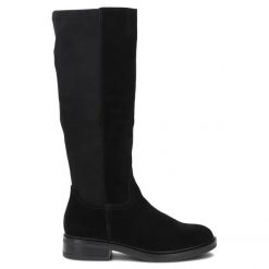Skórzane kozaki ze streczem czarne Filippo DKZ8222. Czarne kozaki damskie Filippo, bez wzorów, ze skóry, bez obcasa, bez zapięcia. Za 339.99 zł.