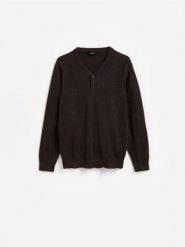 Sweter z bawełny - ciemnobrązowy. Brązowe swetry męskie Reserved, l, bez wzorów, z bawełny, bez kołnierzyka, bez ramiączek. Za 139.99 zł.