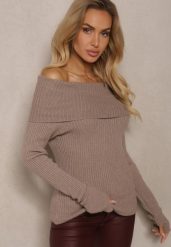 Beżowy Sweter z Wiskozą z Prążkowanego Materiału Ozdobiony Wywiniętym Dekoltem Hedisha. Brązowe swetry nierozpinane damskie Renee, bez wzorów, z jeansu, biznesowe, bez kołnierzyka, bez ramiączek. Za 99.99 zł.