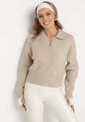 Beżowy Sweter o Krótkim Kroju z Kołnierzykiem i Dekoltem w Serek Valentarisa. Brązowe swetry nierozpinane damskie Born2be, bez wzorów, z bawełny, eleganckie, bez kołnierzyka, bez ramiączek. Za 139.99 zł.