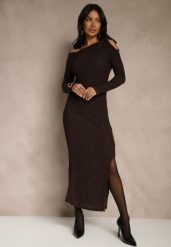 Brązowa Sukienka o Dopasowanym Kroju Ozdobiona Metaliczną Aplikacją Reittia. Brązowe sukienki damskie Renee, na imprezę, na wiosnę, z aplikacjami, bez kołnierzyka, bez ramiączek, maxi, dopasowane. Za 139.99 zł.