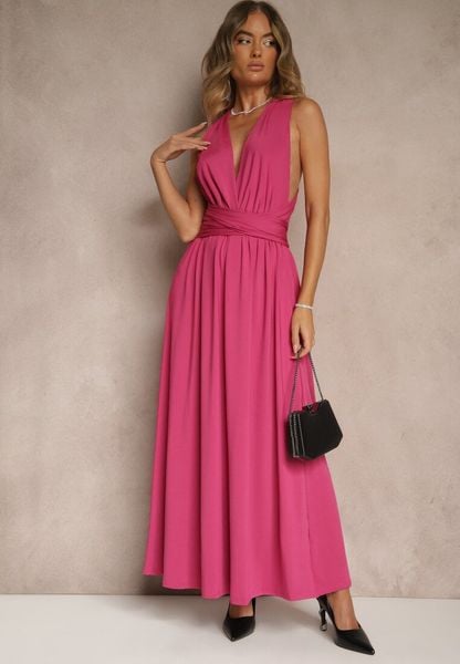 Ciemnoróżowa Sukienka Koktajlowa Multiway z Wiskozą Wiązana na Szyi Lilovea. Czerwone sukienki damskie Renee, na imprezę, l, bez wzorów, z wiskozy, eleganckie, bez kołnierzyka, bez ramiączek, maxi, rozkloszowane. Za 189.99 zł.