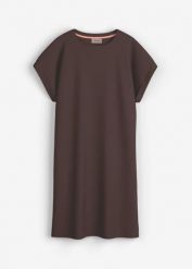 Sukienka T-shirtowa z grubszej dzianiny interlock z czystej bawełny. Brązowe sukienki damskie bonprix, bez wzorów, z bawełny, bez kołnierzyka, bez ramiączek, mini. Za 64.99 zł.