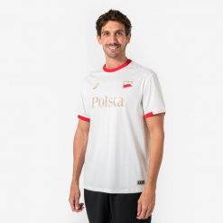 Koszulka piłkarska Polska dla kibiców. Białe bluzki damskie KIPSTA, m, bez wzorów, z materiału, sportowe, bez kołnierzyka, bez ramiączek. Za 44.99 zł.