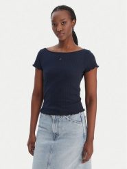 Tommy Jeans T-Shirt Lettuce Edge DW0DW22460 Granatowy Slim Fit. Niebieskie t-shirty damskie Tommy Jeans, l, bez wzorów, z bawełny, bez kołnierzyka, bez ramiączek. Za 189.99 zł.