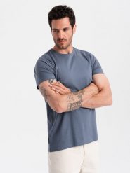T-shirt męski klasyczny bawełniany BASIC - ciemnoniebieski V18 OM-TSBS-0146 - L. Niebieskie t-shirty męskie Ombre Clothing, l, bez wzorów, z bawełny, bez kołnierzyka, bez ramiączek. W wyprzedaży za 24.99 zł.