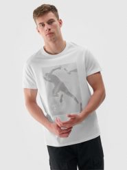 4F T-shirt z nadrukiem regular męski - biały L. Białe t-shirty męskie 4F, l, bez wzorów, z bawełny, bez kołnierzyka, bez ramiączek. W wyprzedaży za 39.99 zł.