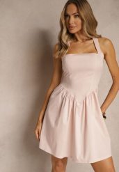 Różowa Rozkloszowana Sukienka z Bawełny z Paskiem Wokół Szyi Kolanora. Czerwone sukienki damskie Renee, na co dzień, na lato, m, bez wzorów, z bawełny, eleganckie, bez kołnierzyka, bez ramiączek, mini, proste. Za 54.99 zł.
