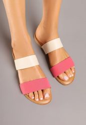 Fuksjowe Casualowe Klapki na Płaskiej Podeszwie z Dwoma Paskami Denelie. Czerwone klapki damskie Renee, na lato, w ażurowe wzory, eleganckie, bez obcasa, na płaskiej podeszwie, bez zapięcia. Za 59.99 zł.