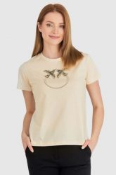 PINKO Beżowy t-shirt damski z logo z cekinów. Brązowe t-shirty damskie Pinko, s, bez wzorów, prążkowane, bez kołnierzyka, bez ramiączek. W wyprzedaży za 359.99 zł.