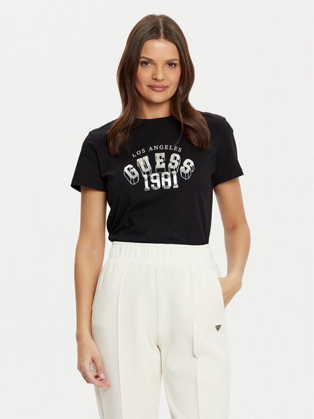 Guess T-Shirt V5RI06 I3Z14 Czarny Regular Fit. Czarne t-shirty damskie Guess, xxs, z aplikacjami, z bawełny, bez kołnierzyka, bez ramiączek. Za 79.99 zł.