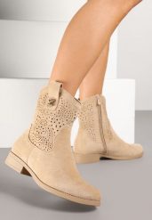 Ciemnobeżowe Botki Kowbojki Ażurowe Efaliria. Brązowe botki damskie Renee, w ażurowe wzory, bez obcasa, na płaskiej podeszwie, bez zapięcia. Za 129.99 zł.