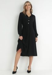 Czarna Rozkloszowana Sukienka z Koszulową Górą Rade. Czarne sukienki damskie Born2be, m, z aplikacjami, z tkaniny, eleganckie, bez kołnierzyka, bez ramiączek, midi, koszulowe. Za 119.99 zł.