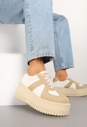 Ciemnobeżowe Sneakersy Typu Tenisówki na Żłobionej Platformie Lorreia. Brązowe trampki i tenisówki damskie Renee, bez wzorów, z jeansu, bez zapięcia. Za 89.99 zł.