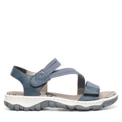 Sandały Rieker. Niebieskie sandały damskie Rieker, bez wzorów, bez obcasa, na płaskiej podeszwie, bez zapięcia. Za 289.99 zł.