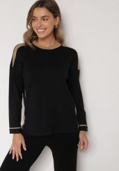 Czarny Sweter z Bawełną i Metaliczną Nicią Tusima. Czarne swetry nierozpinane damskie Born2be, l, bez wzorów, z bawełny, eleganckie, bez kołnierzyka, bez ramiączek. Za 79.99 zł.