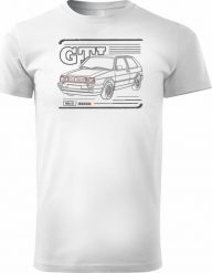 Topslang Koszulka z samochodem VW Golf 2 II męska biała REGULAR M. Białe swetry męskie Topslang, m, bez wzorów, bez kołnierzyka, bez ramiączek. Za 95.00 zł.