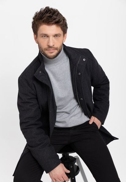 Płaszcz męski z wełną J-WELL. Szare płaszcze męskie Volcano, na zimę, l, bez wzorów, z materiału, eleganckie, bez kołnierzyka, bez kaptura. Za 439.99 zł.