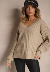 Beżowy Sweter Prążkowany z Wiskozą Wełną Rozcięciami i Ozdobnymi Ściągaczami Korinka. Brązowe swetry nierozpinane damskie Renee, bez wzorów, z jeansu, casualowe, bez kołnierzyka, bez ramiączek. Za 139.99 zł.