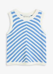 Top dzianinowy. Żółte topy damskie bonprix, bez wzorów, z dzianiny, eleganckie, bez kołnierzyka, bez ramiączek. Za 44.99 zł.