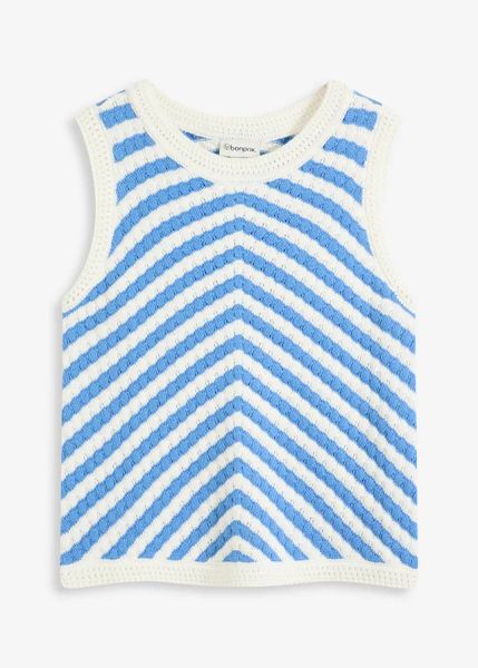 Top dzianinowy. Żółte topy damskie bonprix, bez wzorów, z dzianiny, eleganckie, bez kołnierzyka, bez ramiączek. Za 44.99 zł.