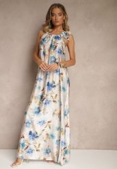 Jasnoniebieska Sukienka z Satyny w Kwiatowy Wzór Fenimea. Niebieskie sukienki damskie Renee, na imprezę, na lato, s, bez wzorów, z satyny, eleganckie, bez kołnierzyka, bez ramiączek, maxi. Za 129.99 zł.