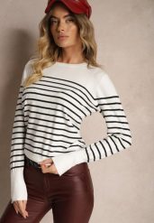 Biały Sweter z Wiskozą Bawełną z Nitami w Paski Vitita. Białe swetry nierozpinane damskie Renee, m, bez wzorów, z bawełny, biznesowe, bez kołnierzyka, bez ramiączek. Za 69.99 zł.