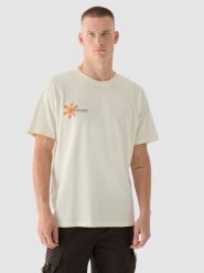 4F T-shirt oversize z nadrukiem męski - beżowy S. Brązowe t-shirty męskie 4F, m, bez wzorów, z bawełny, bez kołnierzyka, bez ramiączek. W wyprzedaży za 29.99 zł.