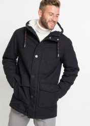 Parka zimowa na podszewce z polaru baranka. Czarne parki męskie bonprix, na zimę, m, bez wzorów, z polaru, bez kołnierzyka, z kapturem. Za 319.99 zł.