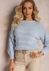 Niebieski Sweter o Krótszym Luźnym Fasonie Olimppia. Niebieskie swetry nierozpinane damskie Renee, na zimę, bez wzorów, casualowe, bez kołnierzyka, bez ramiączek. Za 79.99 zł.