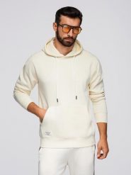 Męska bluza dresowa BASIC kangurka z kapturem - kremowa V11 B1674 S. Białe bluzy męskie Ombre, m, bez wzorów, z dresówki, z kapturem. Za 236.00 zł.