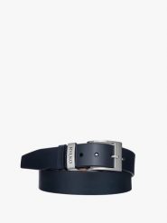 Granatowy pasek męski z logotypem na klamrze PASEK MĘSKI. Niebieskie paski męskie Ryłko, ze skóry. Za 129.99 zł.
