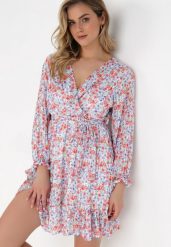Biało-Fioletowa Sukienka Cythano. Białe sukienki damskie Born2be, l, z aplikacjami, z materiału, bez kołnierzyka, bez ramiączek, mini. Za 29.99 zł.