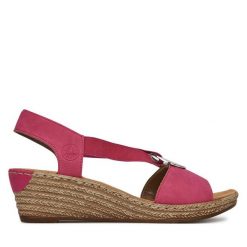 Sandały Rieker. Czerwone sandały damskie Rieker, bez wzorów, bez obcasa, na koturnie, bez zapięcia. Za 299.99 zł.