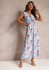 Jasnoniebieska Sukienka Maxi w Kwiaty z Gumką w Talii Kaleita. Niebieskie sukienki damskie Renee, na lato, l, bez wzorów, z bawełny, bez kołnierzyka, bez ramiączek, maxi, rozkloszowane. Za 39.99 zł.
